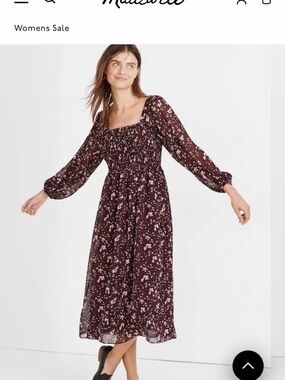 Madewell Burgundy Floral Midi Dress with Smocked Bodice